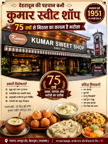 देहरादून की पहचान बनी कुमार स्वीट शॉप, 75 वर्षों से मिठास का कायम है भरोसा……